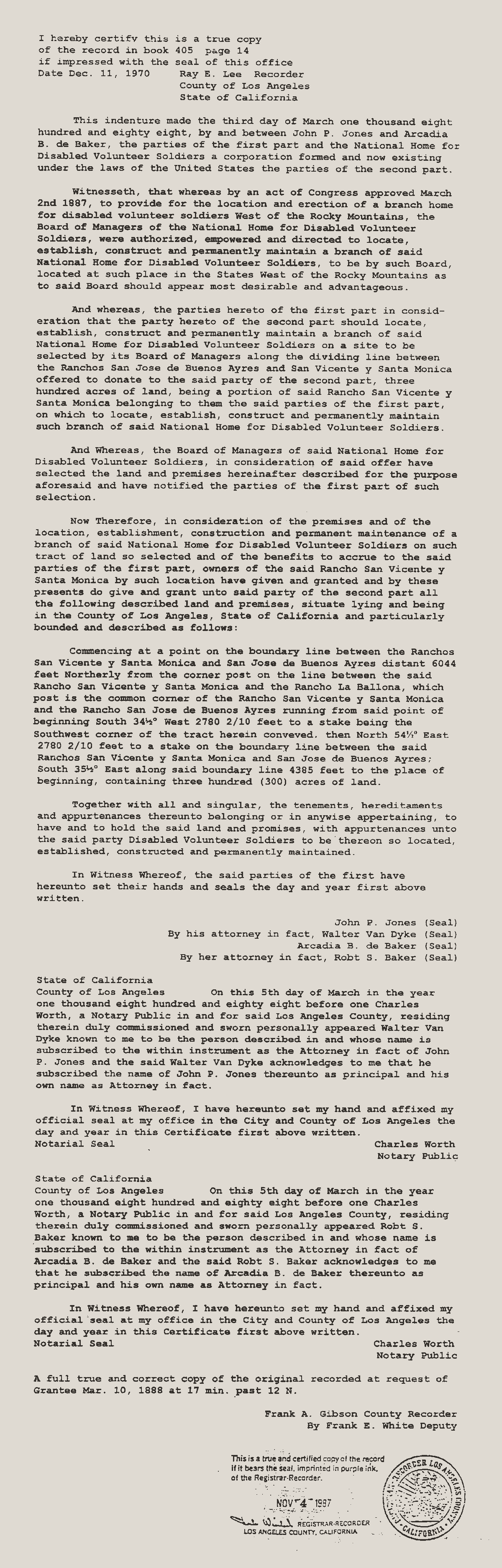 VA West LA Deed Senator John P. Jones and Arcadia B. De Baker